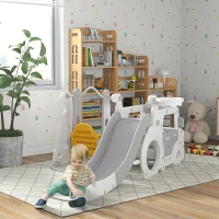 AIYAPLAY Portique enfant toboggan balançoire bus avec panier de basket-ball aire de jeux 4 en 1(m-10)