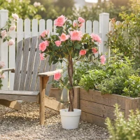 Outsunny Pianta Finta di Rosa da 21 Fiori con Vaso Riempito in Cemento e Muschio, Ø18x90 cm, Rosa(m-2)