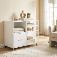 HOMCOM Mueble para Impresora con Ruedas Mesa para Impresora con Estantes Abiertos y Cajón para Documentos Tamaño A4 Blanco(m-9)