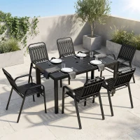 Outsunny 7 Pieces Outdoor Dining Set with Umbrella Hole, Garden Table and Chairs Set for 6 with Metal Table and Stackable Chairs(m-2)