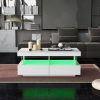 Tavolino da salotto moderno e lucido con illuminazione LED e 2 cassetti, 100x60x49.5 cm, Bianco(m-4)