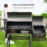 Outsunny Barbecue a Carbone con Coperchio e Affumicatore, BBQ da Giardino con Ripiani e Ruote 124x53x104 cm, Nero(m-4)