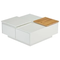 Tavolino da caffè moderno e lucido con piani scorrevoli e 4 cassetti, 75x75x33 cm, Bianco e color legno(m-11)
