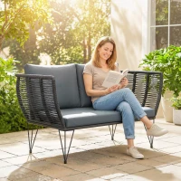 Outsunny Sofa Ogrodowa z Poduszkami 2-osobowa Rattanowa Meble Balkonowe 123 x 67 x 72 cm Jasnoszara(m-2)