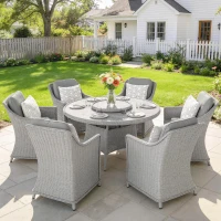 Outsunny Rattan Garden Dining Set with Turntable, Marble Effect Glass Round Garden Table and Chairs with Aluminium Frame, Grey(m-2)