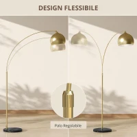 HOMCOM Lampada da Terra in stile vintage con sostegno ad arco regolabile, base in marmo, 40W E27 dim. 100-115L x 30l x 170-180H cm, Oro(m-9)