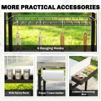 Outsunny Desserte Jardin à 3 Niveaux, Plan de Travail Inox, Roues, Crochets, Panier Amovible, Poignée Latérale, 114x61x81cm, Noir(m-6)