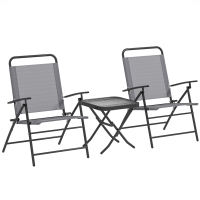Outsunny Set da Giardino con Tavolo con Piano in Vetro e 2 Sedie Pieghevoli con Schienale Regolabile, Grigio