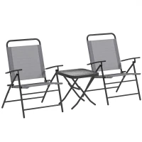 Outsunny Set da Giardino con Tavolo con Piano in Vetro e 2 Sedie Pieghevoli con Schienale Regolabile, Grigio(m-1)