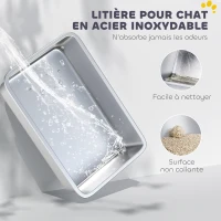 PawHut Bac à litière en acier inoxydable, maison de toilette pour chat, bords hauts, nettoyage facile, 43,1x33,2x25,4cm, gris(m-4)