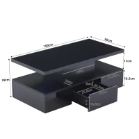 Tavolino da salotto a 2 livelli con luce LED a 16 colori, ripiano aperto e cassetto, 100x50x39 cm, Nero(m-3)