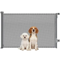 PawHut Barrera de Seguridad para Perros Retráctil Extensible hasta 140 cm de Ancho para Escaleras y Puertas Gris(m-10)