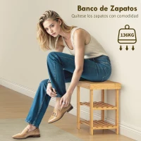 HOMCOM Banco Zapatero de Bambú de 3 Niveles para 4 Pares Zapatos 50x28x45 cm Natural(m-5)