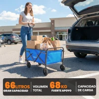 Outsunny Carro de Jardín Plegable con Ruedas Mango Ajustable Carga 68 kg para Campaña Compra 81x45x89 cm Azul(m-4)