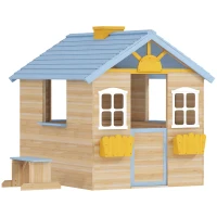 Outsunny Wooden Playhouse, Wendy House w/ Door, Bench, Flowerpot Holder, For Ages 3-7 Years, Blue(m-1)