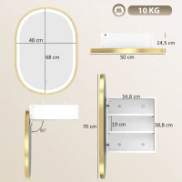 HOMCOM Armoire murale salle de bain avec miroir et éclairage LED, porte ovale, anti-buée, 50x14,5x70cm, doré(m-3)