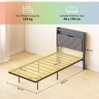 HOMCOM Floating Bed Frame, Upholstered 3ft Single Size Bed, Platform Bed with RGB LED Lights and Charging Station, Grey(m-3)