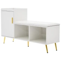 Mobile scarpiera lucido con panca imbottita, ripiani regolabili e dettagli dorati, 120x35x71.5 cm, Bianco(m-12)