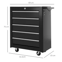 HOMCOM 5-Drawer Tool Chest with Wheels, Steel Lockable Tool Storage Cabinet with Handle, 2 Keys for Garage, Workshop, Black(m-3)