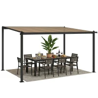 Outsunny Pergola adossée 3,8 x 3 m avec toit en polycarbonate, structure rigide en aluminium avec gouttières intégrées, gris foncé(m-11)