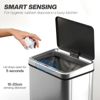 HOMCOM 50L Sensor Bin with Quiet Soft-Close Lid, Automatic Touchless Motion Sensor Kitchen Bin with Fingerprint Resistant Stainless Steel for Hygienic Gyms, Home Office Use, Silver Tone(m-4)