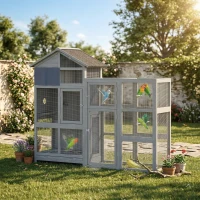 PawHut Voladera de madera con 6 posaderos compartimento cajón extraíble cuencos de acero inoxidable 196x60x164,5cm Gris(m-2)