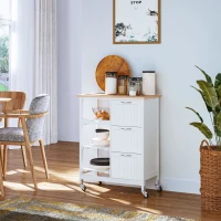 HOMCOM Carrinho de Cozinha com Rodas Carrinho de Serviço com 3 Gavetas 3 Prateleiras Abertas e Bandeja Removível para Sala de Jantar Carga Máxima 40kg 67x37x84cm Branco(m-7)