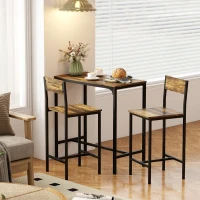 HOMCOM 3-Piece Bar Table Set with 2 Stools, Industrial Breakfast Bar Set with Footrest, Backrest for Dining Room, Small Space(m-6)