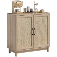 HOMCOM Buffet salon, meuble de rangement avec 2 portes en rotin, étagère réglable et bords arrondis, 76 x 35 x 75,5 cm, chêne(m-1)