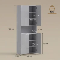 HOMCOM 180 cm Tall Kitchen Cupboard, Pantry Storage Cabinet with Soft Close Doors and Adjustable Shelves, High Gloss Grey(m-3)