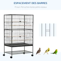 PawHut Cage à oiseaux sur pied volière oiseaux intérieur 4 perchoirs en bois et mangeoires fil d'acier gris foncé(m-6)
