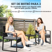 Outsunny Conjunto de Muebles de Jardín de Ratán Sintético con 2 Sillas con Cojines Extraíbles y Mesa con Tablero de Vidrio Gris(m-4)