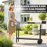 Outsunny Desserte Jardin à 3 Niveaux, Plan de Travail Inox, Roues, Crochets, Panier Amovible, Poignée Latérale, 114x61x81cm, Noir(m-7)