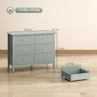 HOMCOM Fluted Dresser, 6 Drawer Chest of Drawers for Bedroom, Living Room, Hallway, Closet, Green(m-3)