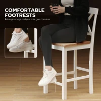 HOMCOM Zestaw 2 Krzeseł Barowych z Oparciem i Podnóżkiem, Drewno Kauczukowe, dla Kuchni, Jadalni, Baru, Dąb+Biały(m-4)