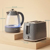 HOMCOM Kettle and Toaster Set, 1.7L 3000W Rapid Kettle with Limescale Filter, 2 Slice Toaster with 7 Browning Controls, Grey(m-3)