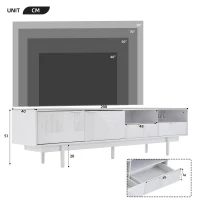 Mobile TV moderno con motivi a righe e ripiani aperti, in truciolato, 200x40x51 cm, Bianco(m-3)