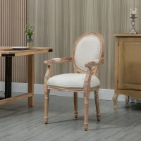 HOMCOM Chaise de Salle à Manger Chaise de Salon médaillon Style Louis XVI Bois Massif patiné sculpté Tissu Lin Crème(m-8)