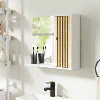 HOMCOM Espejo de Baño 60x50 cm Espejo de Pared con Puerta de Listones de Bambú Estantes de Almacenaje Blanco y Natural(m-9)