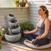 Outsunny Springbrunnen Outdoor aus Kunstharz 4-stufig Gartenbrunnen mit LED Beleuchtung Pumpe Steinoptik 35 x 32 x 50 cm(m-8)