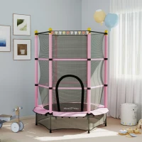 HOMCOM Trampoline Enfant Ø 1,40 × 1,90H m Filet de sécurité Porte zipée Couvre-Ressorts 6 poteaux rembourrés Inclus Rose(m-10)