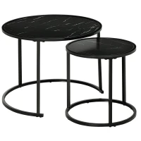 HOMCOM Set of 2 Round Nesting Stackable Coffee Tables, Marble-Effect Wooden Top and Metal Legs, Black(m-10)