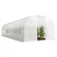 Outsunny Serre tunnel de jardin 24m², serre de jardin tunnel avec cadre en acier galvanisé, portes et 2 grandes fenêtres, blanc(m-11)