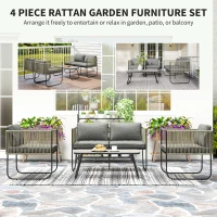Outsunny 4 Piece Rattan Garden Furniture Set, 4 Seater Wicker Outdoor Sofa Set with 2 Armchairs, Loveseat, Tempered Glass Top Coffee Table, Cushions, Patio Conservatory Set for Balcony, Dark Grey(m-4)