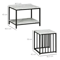 HOMCOM Set of 2 side tables nesting stackable coffee tables with marble-effect wood-look top black metal frame(m-3)