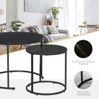 HOMCOM Set of 2 Round Nesting Stackable Coffee Tables, Marble-Effect Wooden Top and Metal Legs, Black(m-5)