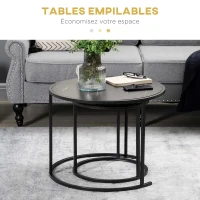HOMCOM Set of 2 Round Nesting Stackable Coffee Tables, Marble-Effect Wooden Top and Metal Legs, Black(m-4)