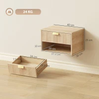 HOMCOM Set of 2 Wall Mounted Nightstands, Floating Bedside Tables with Fluted Drawer and Open Shelf for Small Bedroom, Oak(m-3)