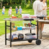 Outsunny Carro de jardín de 3 niveles, superficie de trabajo en acero inoxidable, ruedas, ganchos, cesta extraíble, asa lateral, 114x61x81cm, Negro(m-6)