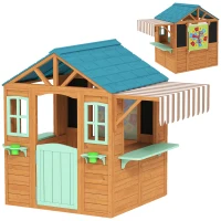 AIYAPLAY Casita infantil para exterior con mostrador de venta, macetero, pizarra de tiza, diana 4 bolas 142 x 120 x 141,5 cm Multicolor(m-1)